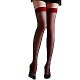 iEFiEL Damen Transparent Strapsstrümpfe High Knee Socks Sexy Halterlose Strümpfe Seidenstrümpfe Lace Strümpfe Nahtstrümpfe Erotik Oberschenkelhohe Rot&Schwarz One Size