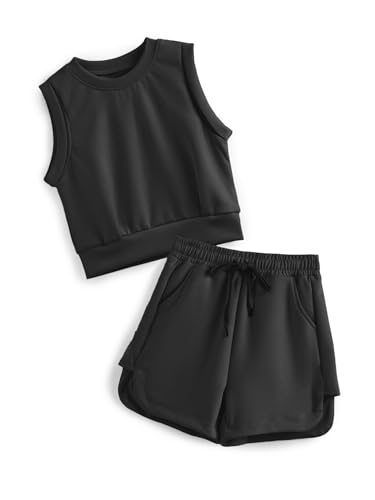 Image of Girls 2 Piece Outfits 2025 Trendy Clothes Summer Cute Sleeveless Tops Shorts Clothing Sets Activewear