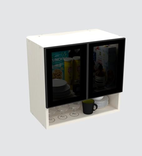 Image of SPECIALITY PANELS Wall Mounted Kitchen Cabinet with Glass Door, Black and Beige, 57x55 cm, 2 Door Storage Cabinet, DIY Assembly