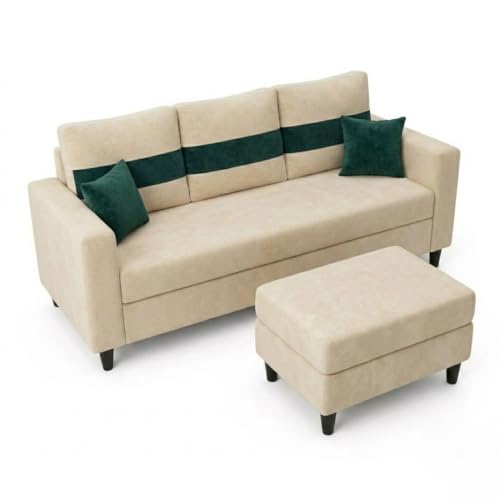 Image of FURNY Luxury Conva 4 Seater Sofa Set with Ottoman for Living Room |Soft Suede Fabric Upholstered | Modern Cushioned Comfortable Couch for Home Office & Drawing Room | Cream