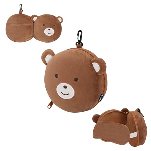 Almohada Viaje Infantil, 3 en 1 Antifaz, Cojín y almohada reposacabezas, Ideal para Coche, Avión y Tren Reposacabezas, Sujeta Cabezas, almohada de viaje, Osito con cremallera, mosqueton y bolsillo