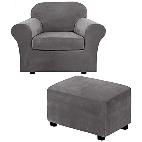 H.VERSAILTEX 2 Piece Chair Cover Chair Slipcover Bundles Large Size Velvet Plush Ottoman Slipcovers(Large, Grey)