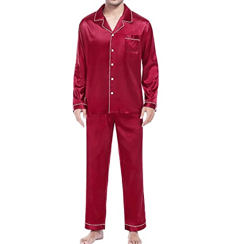 Pyjama en satin unisexe pour adulte - Vêtement de nuit boutonné deux pièces - Confortable - Ensemble de pyjama pour homme - Manches longues - Vêtement de détente à manches longues - Tenue de chambre à