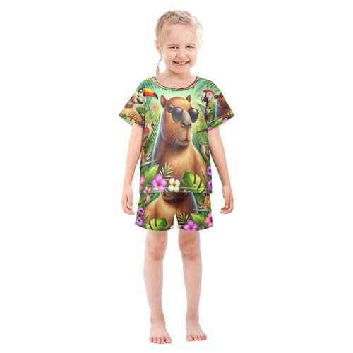 Capybara Tropical Birds Flowers Pajama Set Short Sleeve Summer Pajamas Shorts Sets PJ Clothes Set Soft 5Y3