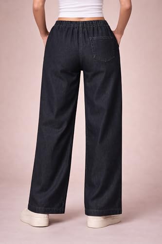 Image of London Hills Jeans for Woman | Wide Leg Jean for Women | Women's Wide Leg Denim Pants | Elastic Waist Drawstring Jeans for Women | Loose Fit Casual Palazzo Trousers | Woman Jean's Pant