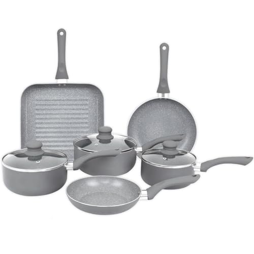 Gr8 Home 9 Piece Non Stick Pan Set with Glass Lids & Steam Vent | Induction Compatible Cookware Set with Handles | Grey Marble Effect Frying Pan, Saucepan & Grill Pan Kitchen Cookware Set