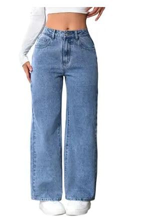 Image of Ice Blue High Waist Wide Leg Denim Jeans for Women.