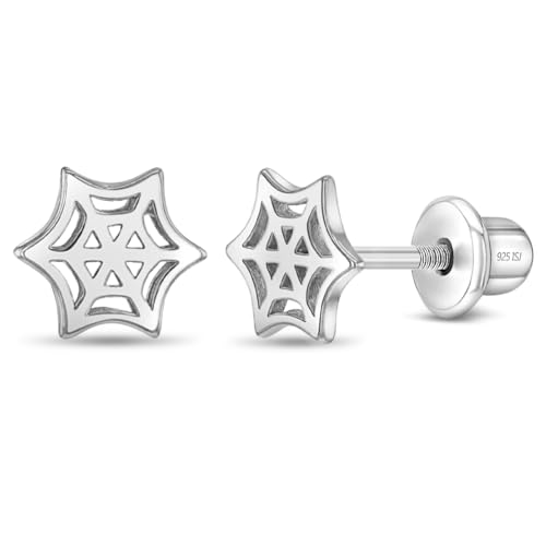 925 Sterling Silver Polished Tangled Spiderweb Safety Screw Back Earrings For Little Girls - Children's Spiderweb Earrings For Children - Little Girls Web Earrings