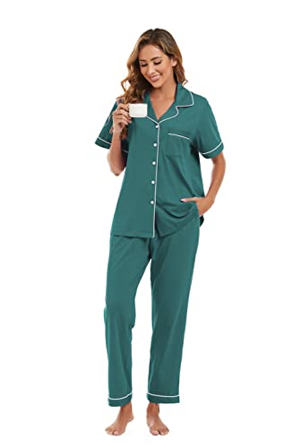 Image of COLORFULLEAF Women's 100% Cotton Pajamas Set Button Down Sleepwear Short Sleeve Shirt and Long Pants Soft Ladies Lounge Sets