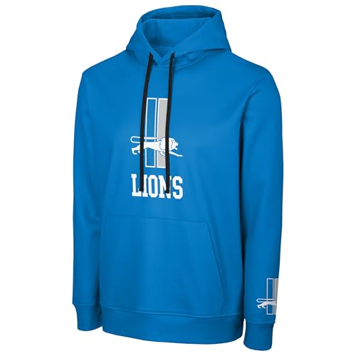 FOCO NFL Mens Official Sideline Throwback Retro Primary Logo Wordmark Performance Pullover Hoodie Sweatshirt (US Alpha Medium Regular Regular Detroit Lions - Blue)