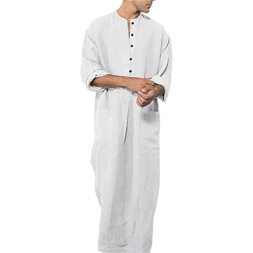 Kaftan Thobe Men Full Length Muslin Robes Long Sleeve Button Up Robe Lightweight t-Shirt Nightshirt with Pockets2