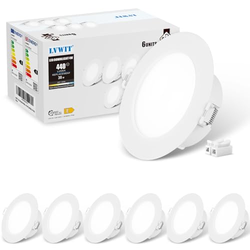LVWIT Kitchen Spot Lights Ceiling,4W Ultra Slim LED Recessed Ceiling Lights,6500K Cool White LED Downlights for Ceiling,Spotlights Ceiling Lights for Bathroom Living Room,Non-Dimmable,440LM,6 Pack