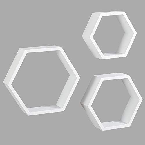 AHDECOR Wall Mounted Hexagon Floating Shelves, Wooden Wall Organizer Hanging Shelf Home Decor for Bedroom Living Room Kitchen Bathroom, Set of 3, White