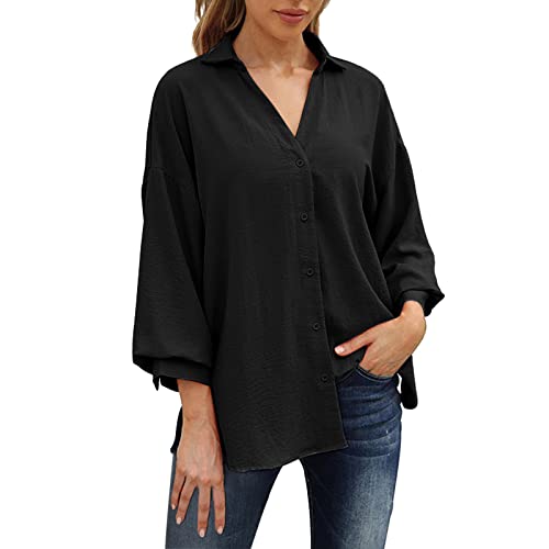 kuiazelit Chemisier tunique à manches longues pour femme, boutonné, col en V, imprimé floral, haut habillé, coupe ample, travail de bureau, manches 3/4, chemise Y2K, chemisier à manches lanternes,