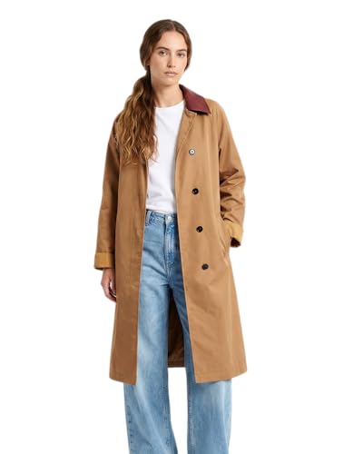 Trench long femme col cuir boutonné dissimulé col contrasté