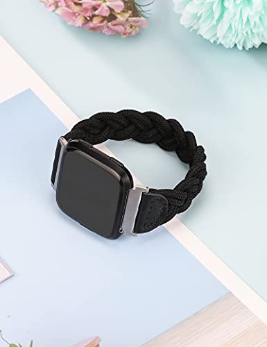 Wearlizer Compatible With Fitbit Versa 2/Versa/Versa Lite Bands For Women, Cute Elastic Braided Wristband Strap Stretchy Loop Bracelet Accessories For Fitbit Versa 2 Smart Watch (Black, L) #TOP3