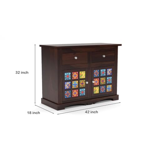 Image of Sheesham Wood Sideboard Cabinet for Living Room - Solid Wooden Storage Cabinet with 2 Drawers & 4 Shelves - Multipurpose Sideboard for Bedroom Dining & Home Furniture (Jack)