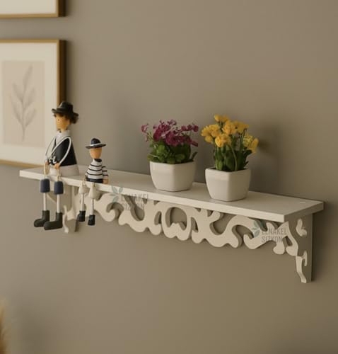 Image of Beautiful Wooden Shabby Chic Style Floating Wall Shelves | Bookshelf | Wall Mounted Decorative Display Shelf |Wall Brackets for Living Room (Set of 1 (White))