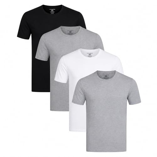 Lucky Brand Mens Shirts - 4 Pack Soft Cotton Short Sleeve Crewneck and V Neck Shirts Men Basic Shirt for Men Pack, Size Medium, White/Jet Black/Heather Grey- Crew