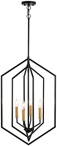 VAXCEL Riley 4 Light Black and Satin Brass Contemporary Geometric Cage Pendant Light