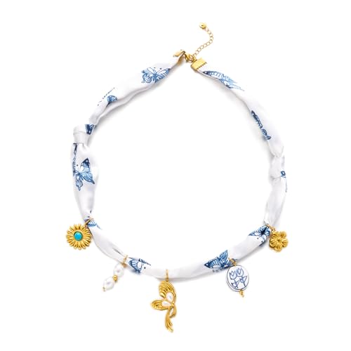 Harlermoon Scarf Necklace Heart Flower White Pink Blue Adjustable Bandana Choker Silk Western for Women Boho Beach Ceramic Jewelry (White)