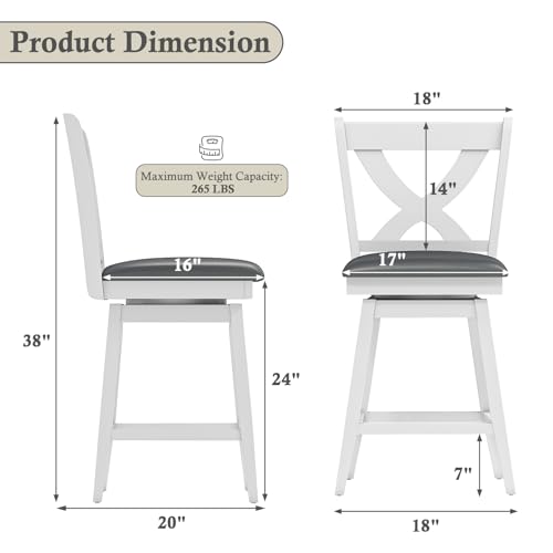 Image of Swivel Bar Stools Set of 2, Farmhouse 24 inch Counter Height Barstools with X Carved Backs, Wooden Bar Chair with Solid Wood Legs & Footrest for Kitchen Island, Home Bar, Pub. Pure White