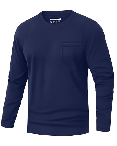 EKLENTSON Men's Cotton T-Shirts Long Sleeve Pocket Tee Crewneck Moisture Wicking Casual Tshirts Solid Color