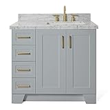 ARIEL 37' Inch Grey Bathroom Vanity with 1.5' Inch Thick Edge Italian Carrara White Marble...