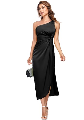 Women's One Shoulder Satin Silk Backless Split Wrap Hem Twist Ruched Summer Party Cocktail Midi Dress2
