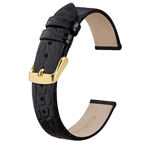 BISONSTRAP Skórzane paski do zegarka, miękkie paski zastępcze z polerowaną klamrą, 12 mm, 14 mm, 16 mm, 18 mm, 19 mm, 20 mm, Czarny ze złotą klamrą, 12mm, pasek