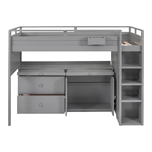 Quarte Multifunctional Wood Loft Bed, Twin Size Loft Bed with Rolling Cabinet, Desk and Built-in Ladder for Kids Teens Adults (Gray/Rolling Cabinet)