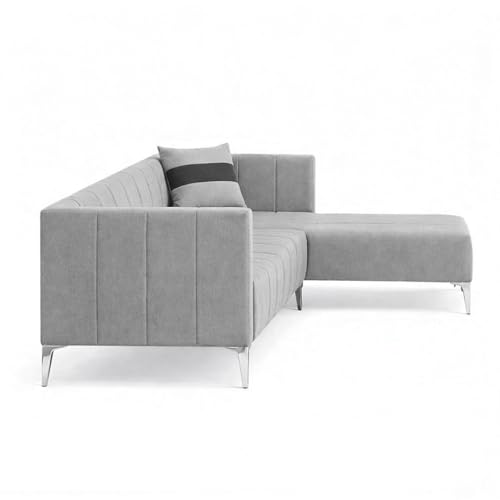 Image of Solomon Luxe Velvet-Suede Fabric 5 Seater RHS L Shape Sofa | Comfortable & Spacious Seating | Modern Sofa for Living Room - Light Gray