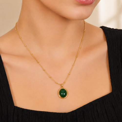 Image of Green Oval Stone pendant Necklace For Women Stylish | Anti Tarnish Waterproof Stainless Steel Chain Pendant Necklaces Jewelry for Love | Gold Plated Jewellery Accessories for Woman & Girls | Birthday Gift for Wife & Girlfriend
