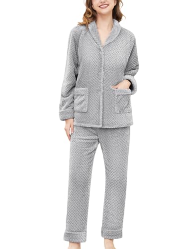 NRZD Women's Warm Fleece Pajama Sets, Long Sleeve Soft Sleepwear Button Down Winter Lounge PJs Sets with Straight Pockets(Grey,XL)