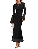 ZESICA Women's Long Sleeve Floral Bodycon Dress 2026 Spring Fall Ruched Mesh Wedding Guest Cocktail Party Maxi Dresses, Solid Black, M