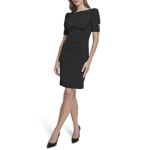 Image of DKNY Women's Short Sleeve Ruched Knee Length Sheath Dress with Button Detail