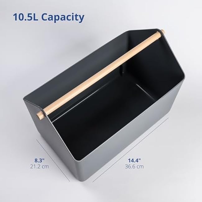 BLUE GINKGO Large Storage Basket ¨C Plastic Caddy with Wooden Handle for Bathroom, Pantry, or Cleaning Supplies (Gray)