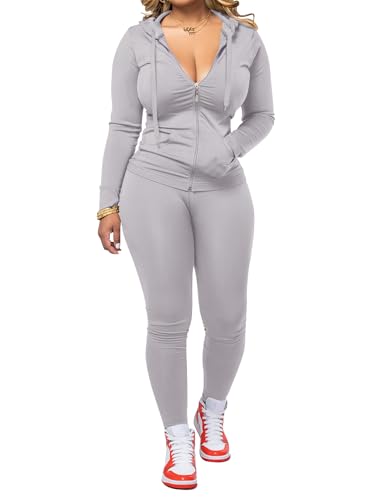 BNGPIKLY Grey Sets Women 2 Piece Outfits Zip Up Hoodie