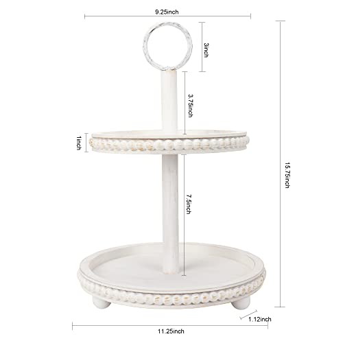 Genmous & Co. Rustic Wood Beaded 2 Tiered Tray Stand For Farmhouse Kitchen Table Decor, Rustic White Two Tiered Serving Tray For Food Fruits Cupcakes Display Coffee Bar Home Party Seasonal Decorations #TOP4