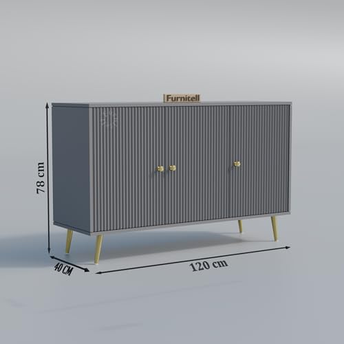 Image of Wooden Storage Cabinet for Living Room & Bedroom | Fluted Design Sideboard Cabinet with 3 Doors Storage Unit | Multipurpose Organizer for Entryway | HDMR Premium Wood|Gold Metal Legs (Grey)