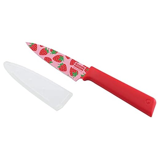 KUHN RIKON Colori+ Non-Stick Straight Paring Knife with Safety Sheath, 4 inch/10.16 cm Blade, Funky Fruit Strawberry