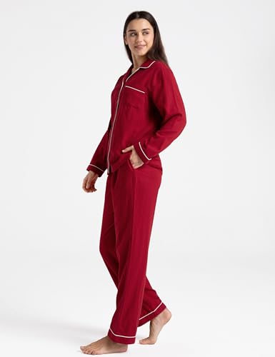 Image of Womens Muslin Pajama Set 100% Cotton Double Gauze Linen Like | Breathable Soft Comfort Button Up Loungewear Sleepwear PJ Set