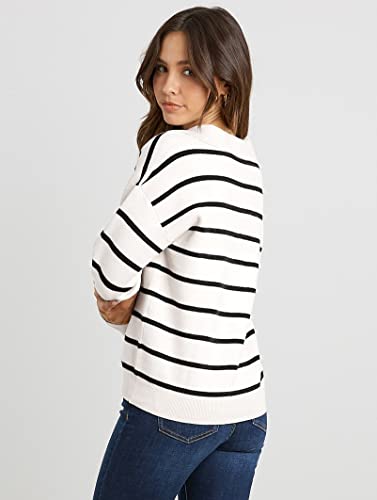 Cflonge Women's Fall Winter Casual Breton Striped Long Sleeve Polo V Neck Pullover Sweater Loose Fit Drop Shoulder Knitted Shirts Tops(Medium,Beige White) #TOP6