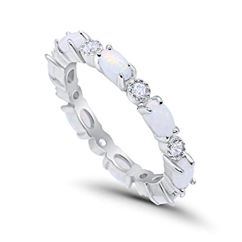 Blue Apple Co. 4mm Full Eternity Stackable Band Ring Oval Created White Opal Round CZ 925 Sterling Silver, Size-6