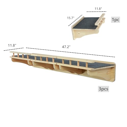 SHENGOCASE Wall Mounted Cat Furniture Set, Natural Wood, 47.2 inch Balcony Perch with Guardrail, 4 Steps, 2 Houses with Cushions by SHENGOCASE - Image 6