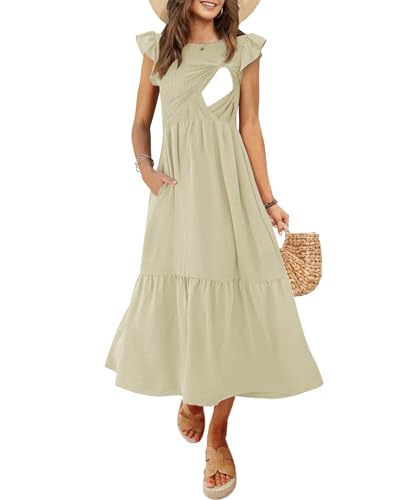 CzzzyL Nursing Dress Breastfeeding Women's Fashion Smocked Bodice Ruffle A Line Latched Mama Midi with Pockets(Begie,Small)
