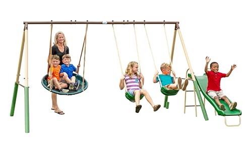 SuperDisc Swing Set with SuperDisc Swing. 5 User Capacity, Easy Assembly, Metal Frame Backyard Playground Set for Kids. with Padded Frame Legs for Safety. 148' L x 93' W x 74' H, by XDP Recreation