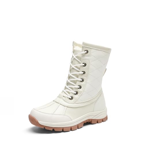 DREAM PAIRS Snow Boots for Women Waterproof Mid Calf Lace Up Duck Boots Warm Faux Fur FuzzyGo Bold Winter Boots for Outdoor,Size 8.5,Beige,SDSB2401W