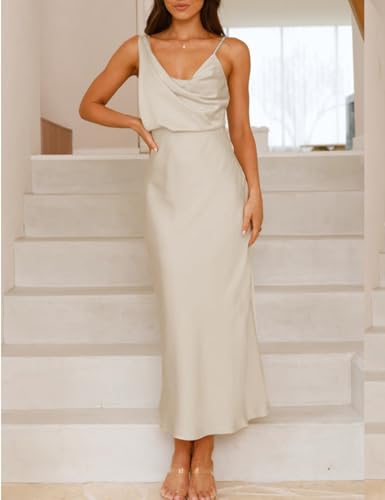Image of Summer Satin Cowl Neck Midi Dress for Women 2026 Elegant Formal Silk Spaghetti Strap Backless Wedding Guest Dresses