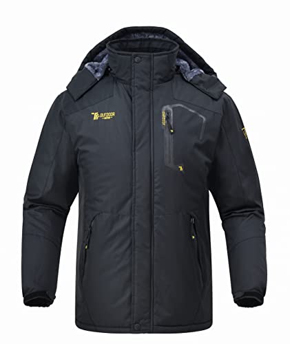 donhobo Homme Veste de Ski Montagne Outdoor Manteau d'hiver Chaud avec Capuche Amovible Veste Imperméable Coupe-Vent Veste Randonnée (Noir, L)